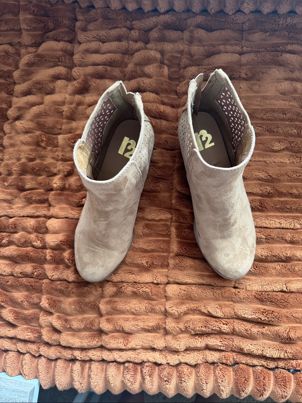 R2 Taupe Suede Ankle Booties with Perforated Side Detail